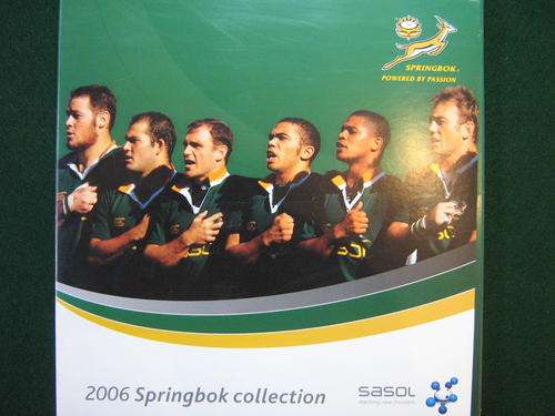 2006 Springbok rugby team player pins in album.