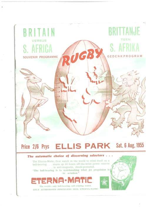 Rugby Match programme. South Africa bs British Isles 6 Aug 1955 1 test Jhb