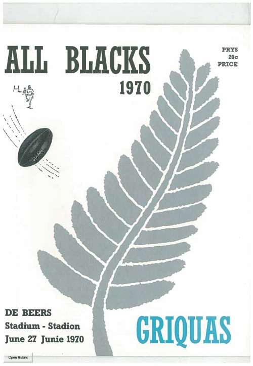 Rugby match programme. Griquas vs All Blacks 27 June 1970