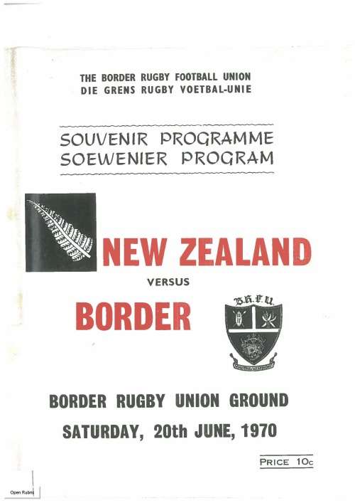 Rugby match programme. Border vs All Blacks 20 June 1970. SEE CONDITION OF ITEM BELOW