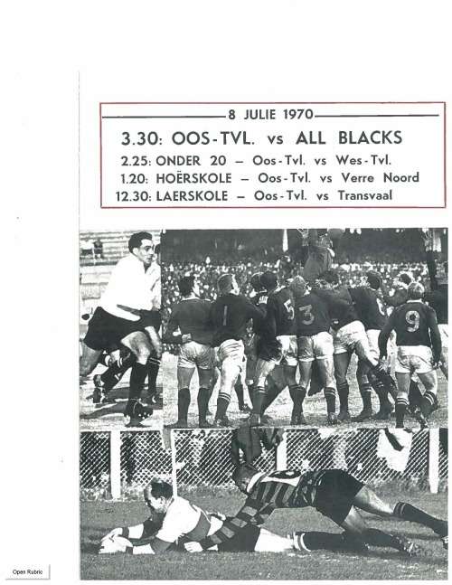 Rugby programme. Eastern Transvaal vs All Blacks 8 July 1970