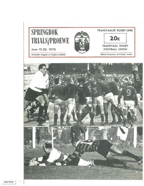 Rugby programme Springbok Trials 15-20 June 1970
