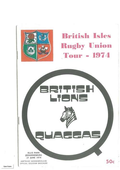 Rugby programme Quaggas vs British Lions 27 June 1976