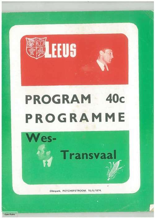 Rugby programme Western Transvaal vs British Isles 15 May 1974