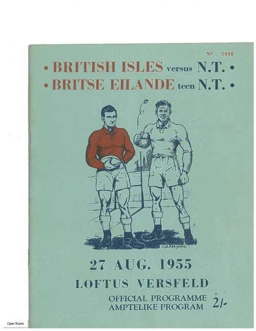 Rugby programme Northern Transvaal vs British Isles 27 August 1955