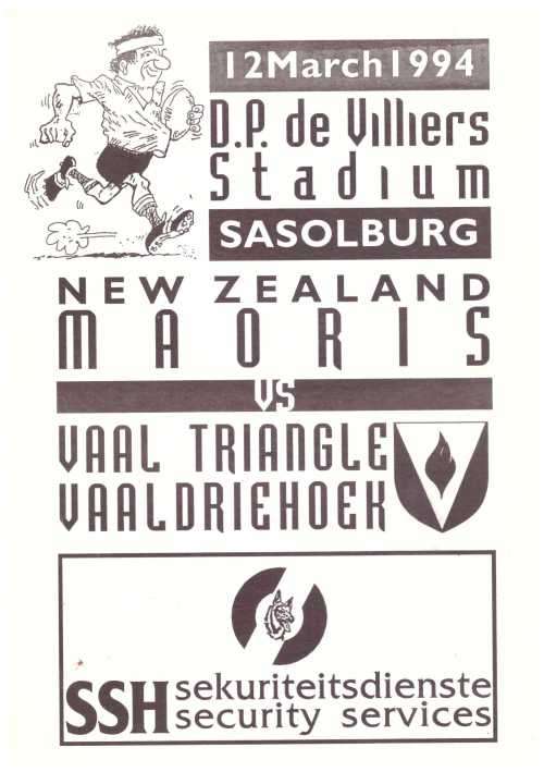Rugby programme. Vaal Triangle vs NZ Maoris 12 March 1994 Sasolburg. Minor dirt marks back cover