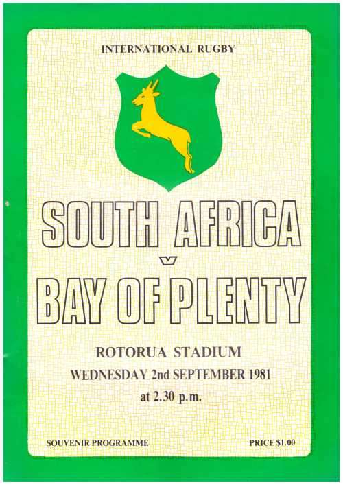 Rugby programme. Bay of Plenty vs South Africa 2 September 1981 Rotorua Stadium