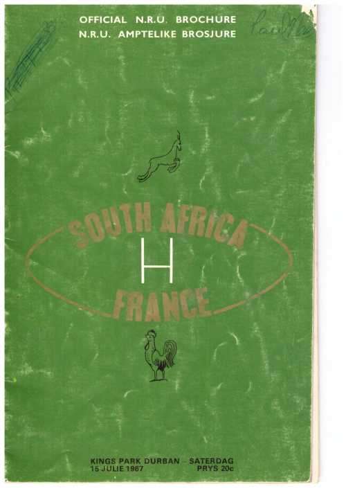 Rugby programme. South Africa vs France 14 July 1967 Durban