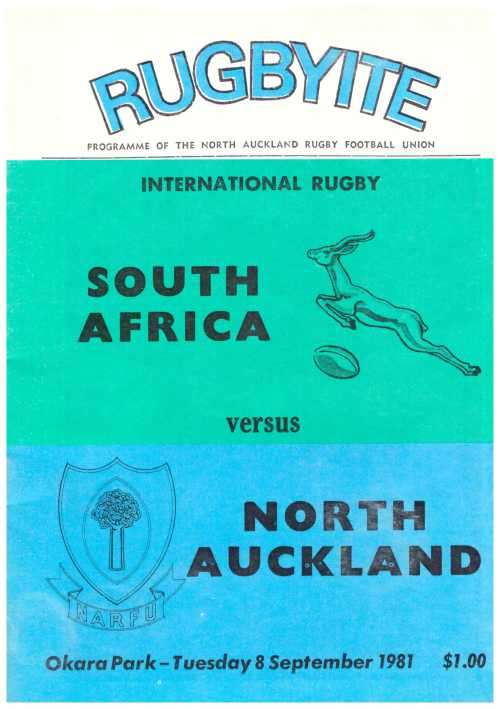 Rugby programme North Auckland vs SA 8 Sep 1981