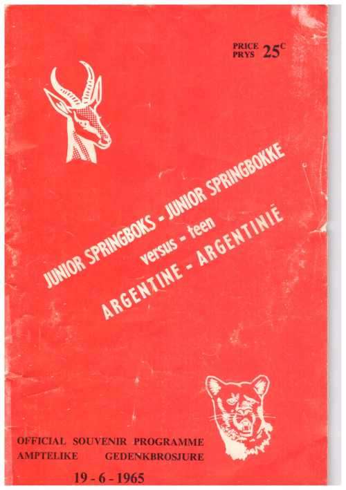 Rugby programme Junior Springboks vs Argentine Pumas 19 June 1965 Ellis Park