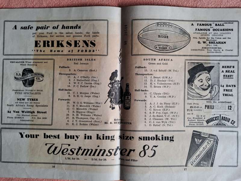 Rugby programme South Africa vs British & Irish Lions 6 Aug 1955 Ellis Park See condition below