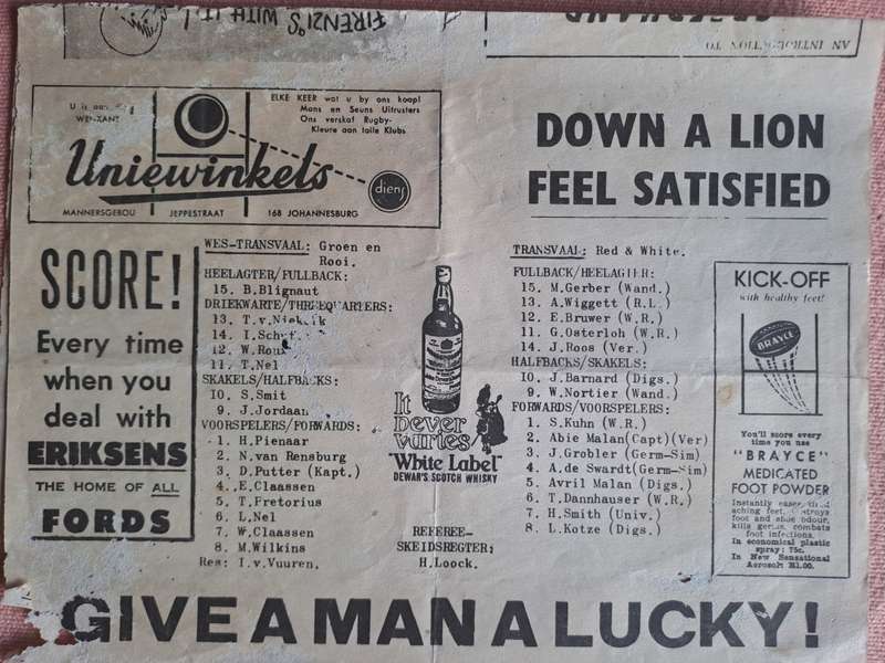 Rugby programme - Transvaal v Western Transvaal 20 June 1964 Ellis Park - one pager
