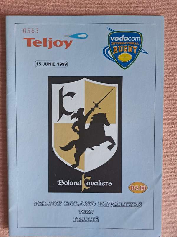 Rugby programme. Boland v Italy 15 June 1999 Wellington