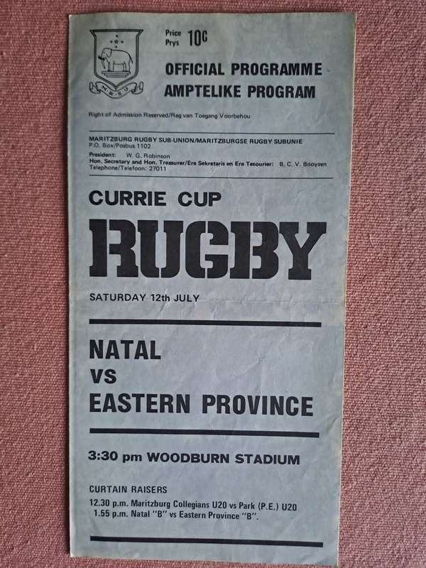 Rugby programme - Natal v Eastern Province c. 1975