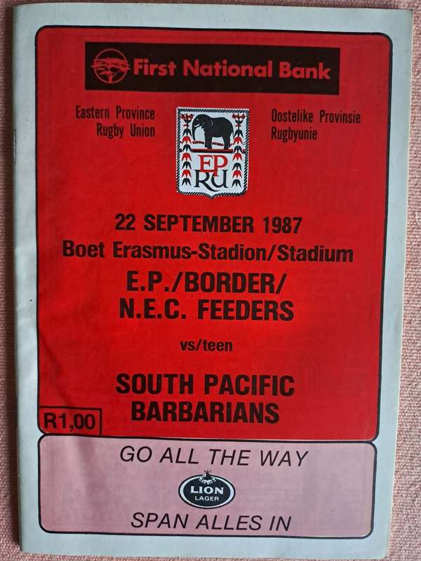 Rugby programme - Combined Eastern Province - Border - NEC v South Pacific Barbarians 22 Sep 1987
