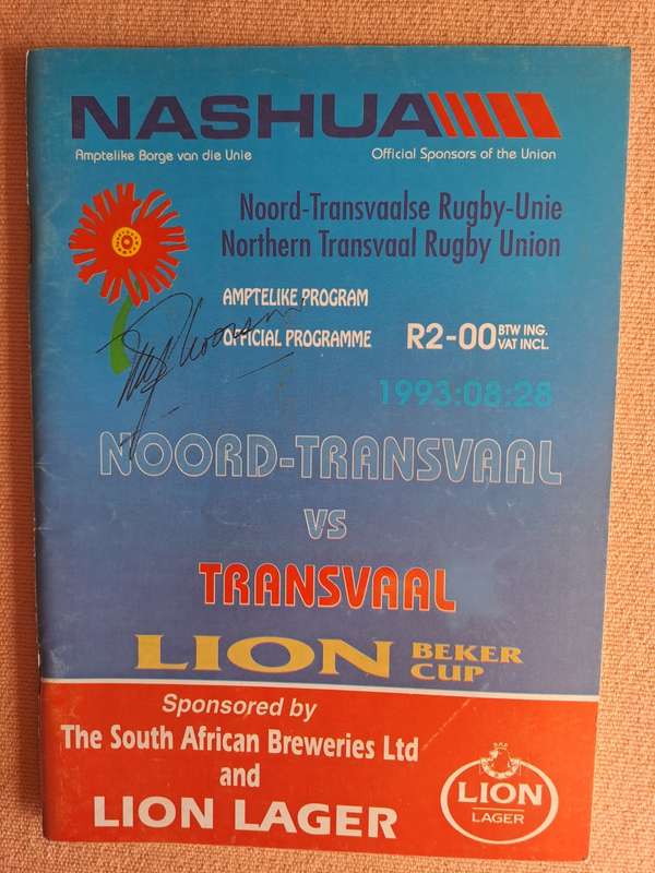Rugby programme - Northern Transvaal v Transvaal Lion Cup 28 August 1993 Signed by Jannie Claassen
