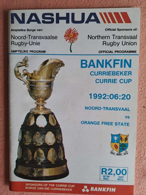 Rugby programme - Northern Transvaal v OFS 20 June 1992