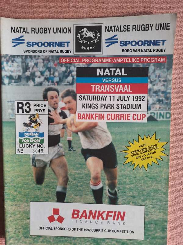 Rugby programme - Natal v Transvaal 11 July 992