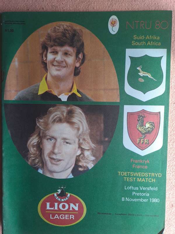 Rugby programme - South Africa v France 8 November 1980 Pretoria. Serge Blanco`s debut test