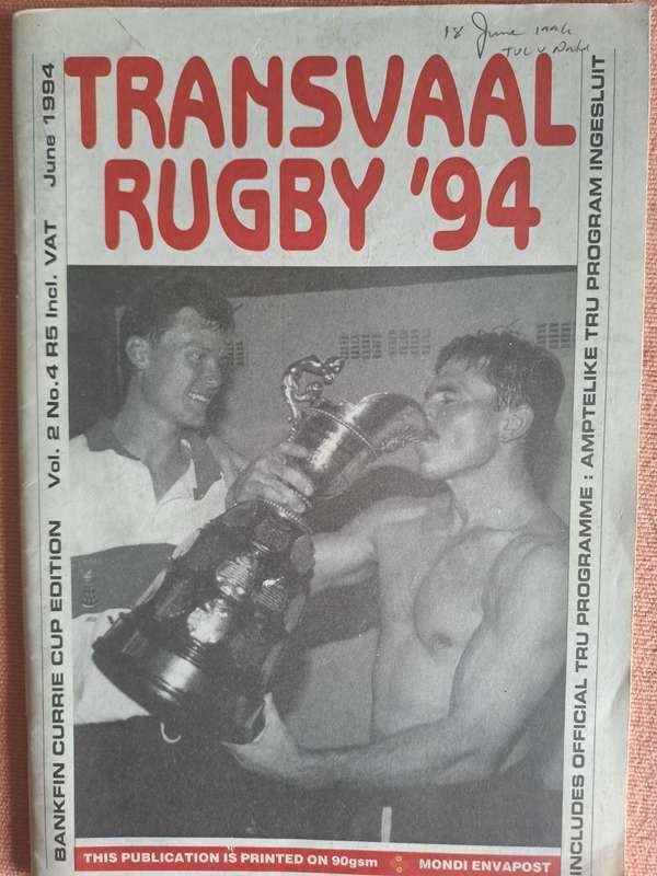 Rugby programme - Transvaal v Natal 18 June 1994