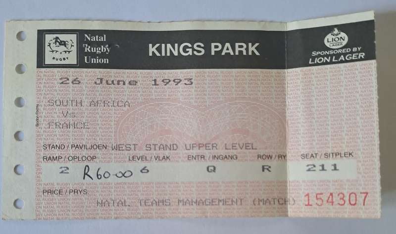 Rugby programme with match ticket - South Africa v France 26 June 1993 Durban