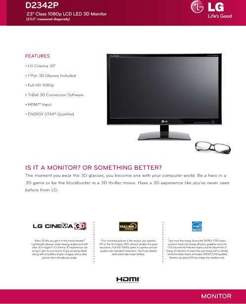 LG 23"  3D Cinema HD Gaming screen