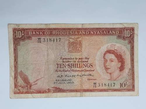 BANK OF RHODESIA AND NYASALAND 10 SHILLING 3RD JULY 1959 BANK NOTE