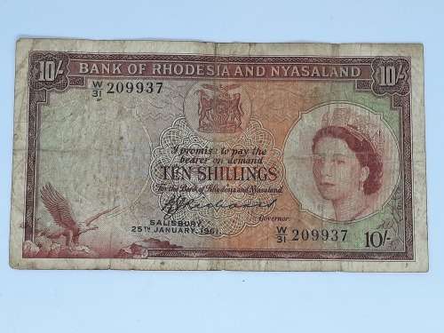 BANK OF RHODESIA AND NYASALAND 10 SHILLING 25TH JANUARY 1961 BANK NOTE
