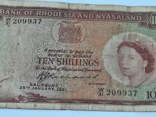 BANK OF RHODESIA AND NYASALAND 10 SHILLING 25TH JANUARY 1961 BANK NOTE