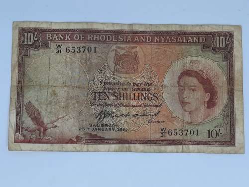BANK OF RHODESIA AND NYASALAND 10 SHILLING 25TH JANUARY 1961 BANK NOTE