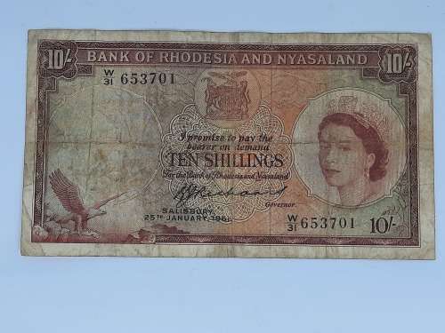 BANK OF RHODESIA AND NYASALAND 10 SHILLING 25TH JANUARY 1961 BANK NOTE