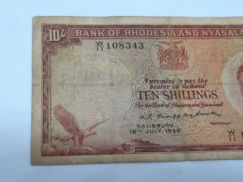 BANK OF RHODESIA AND NYASALAND 10 SHILLING 18TH JULY 1958 BANK NOTE