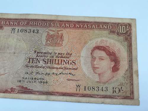 BANK OF RHODESIA AND NYASALAND 10 SHILLING 18TH JULY 1958 BANK NOTE