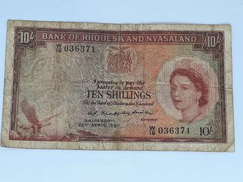 BANK OF RHODESIA AND NYASALAND 22ND APRIL 1960 10 SHILLING BANK NOTE