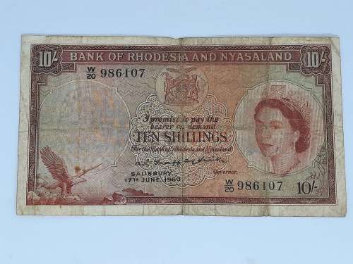 BANK OF RHODESIA NYASALAND TEN SHILLING 17TH JUNE 1960 BANK NOTE