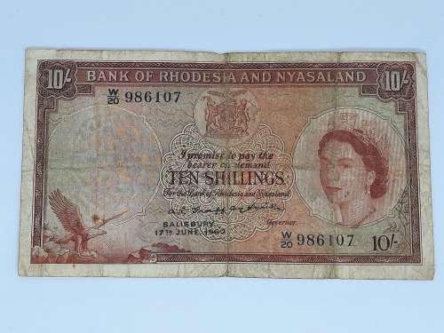 BANK OF RHODESIA NYASALAND TEN SHILLING 17TH JUNE 1960 BANK NOTE