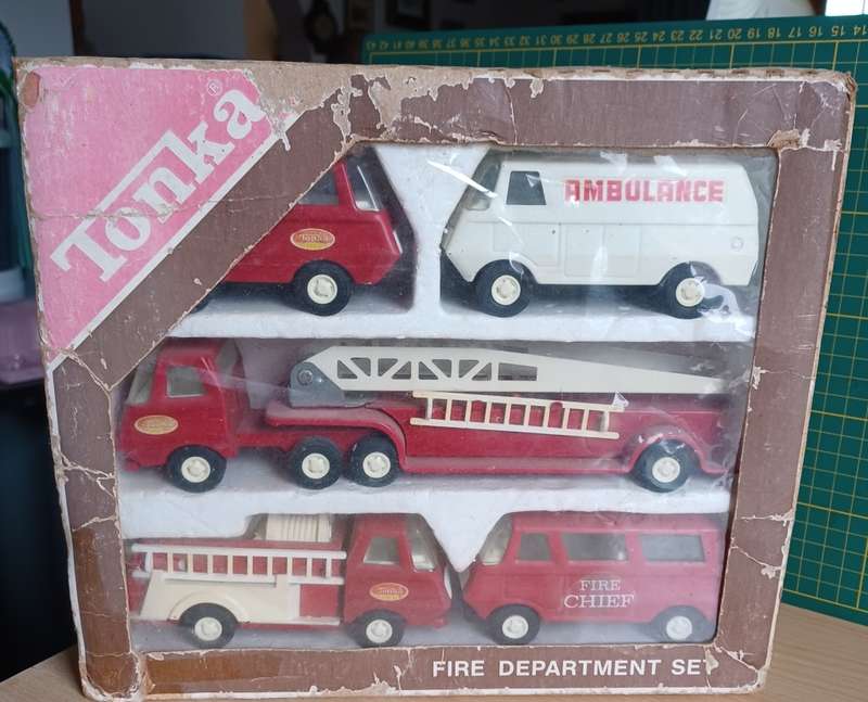 Vintage NEW Tonka Pressed Steel Set # 830 1970s Fire Department Set In Original box