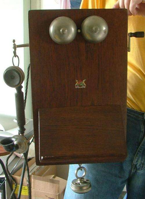 Rare ~ Vintage ~ wall mounded  Telephone with ("EX-UNITATE VIRES " SMALL BADGE ) - DARK WOOD