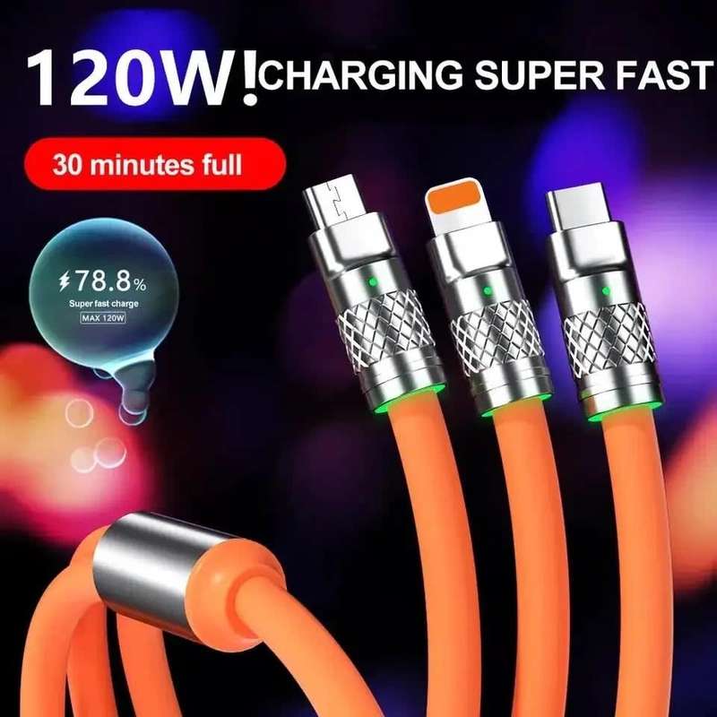 3-in-1 120W fast charging data cable compatible with iPhone, Samsung, Xiaomi