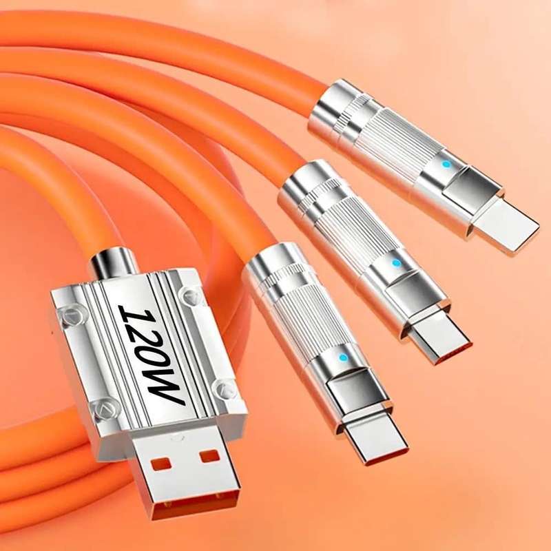 3-in-1 120W fast charging data cable compatible with iPhone, Samsung, Xiaomi