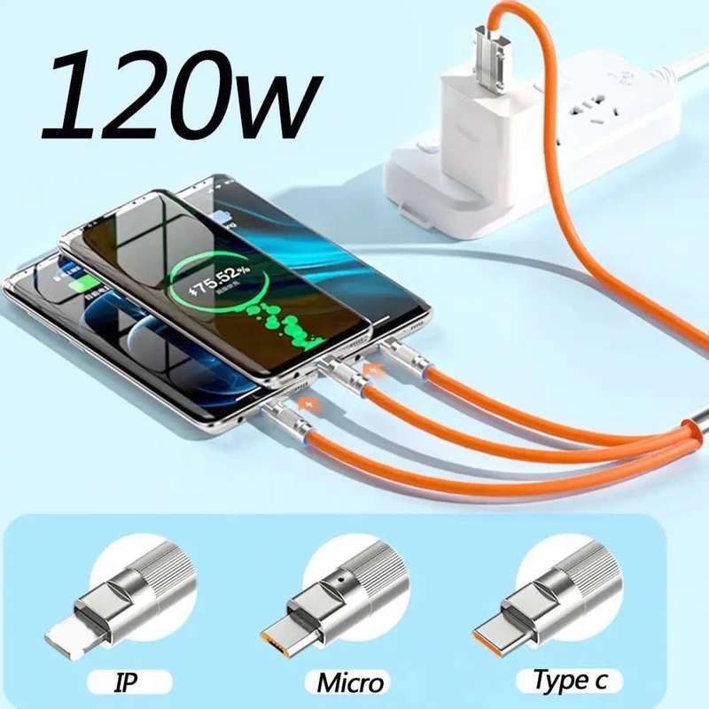 3-in-1 120W fast charging data cable compatible with iPhone, Samsung, Xiaomi