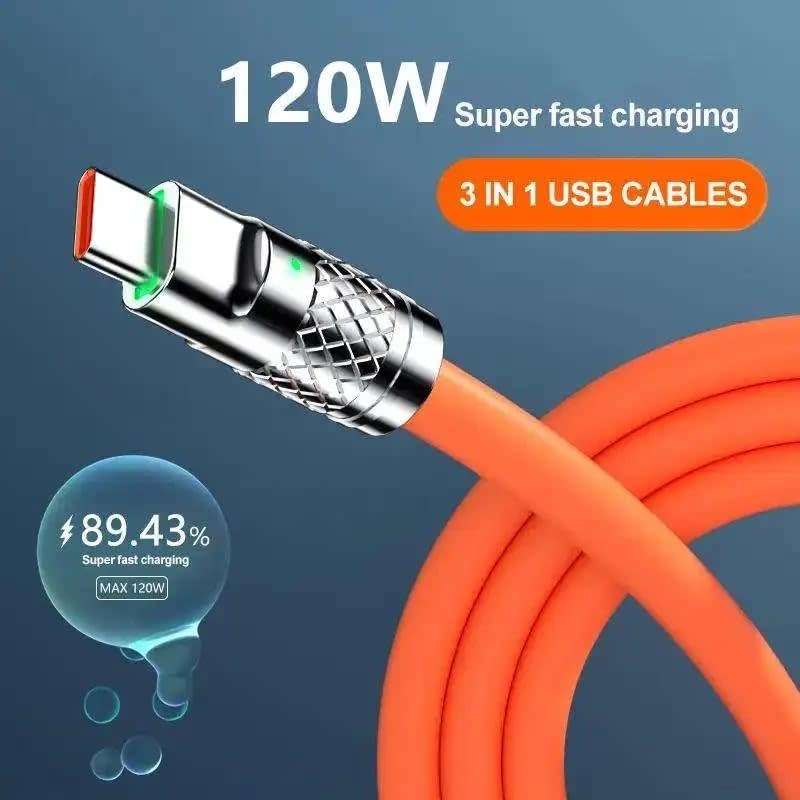 3-in-1 120W fast charging data cable compatible with iPhone, Samsung, Xiaomi