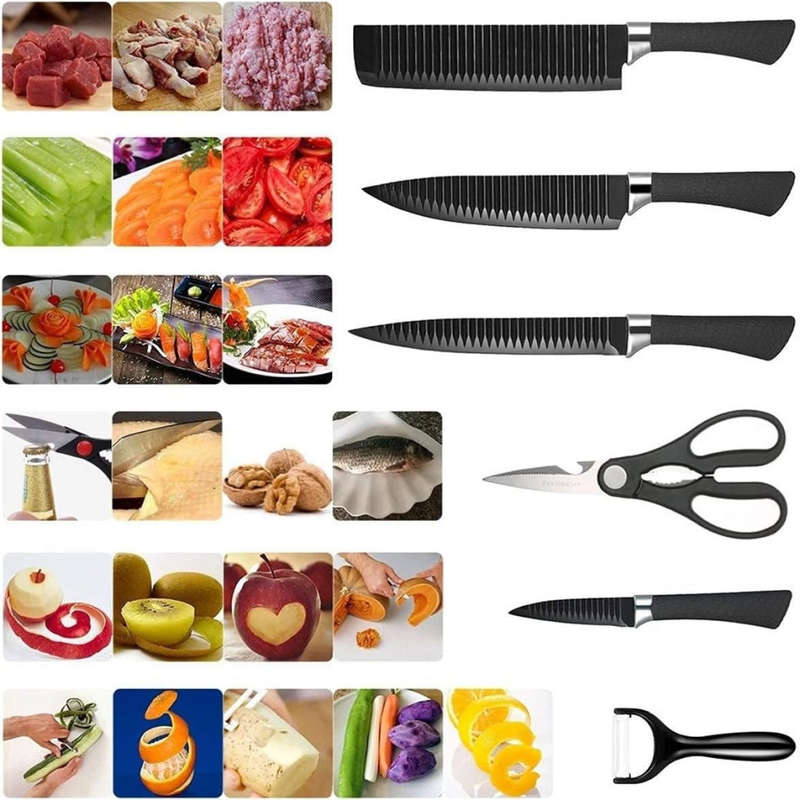 Six-piece black corrugated knife kitchen stainless steel knife set
