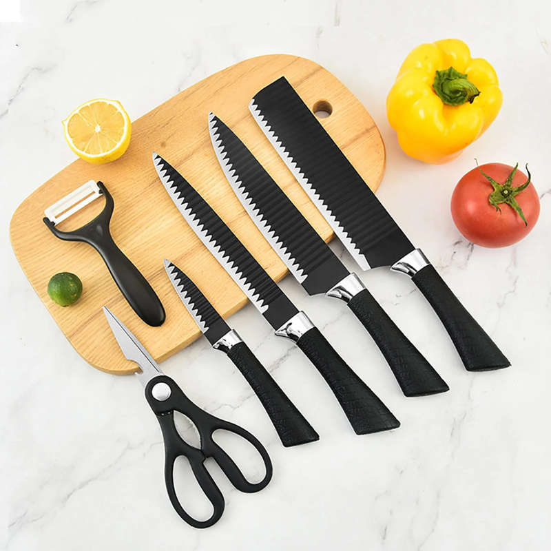 Six-piece black corrugated knife kitchen stainless steel knife set