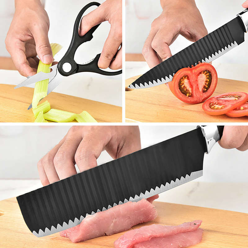 Six-piece black corrugated knife kitchen stainless steel knife set