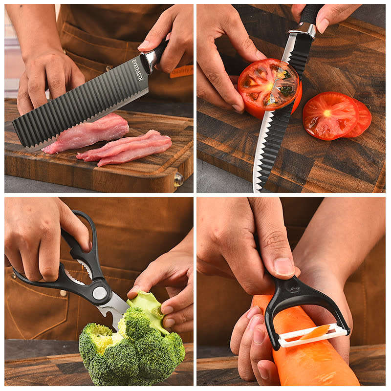 Six-piece black corrugated knife kitchen stainless steel knife set