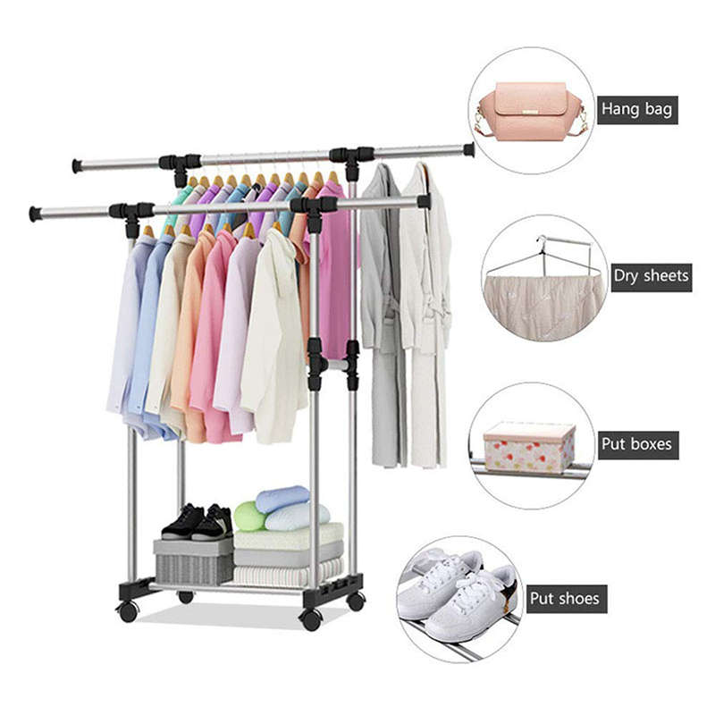 Double Rod Clothes Rack for Drying, Hanging and Displaying Clothes Rack with Wheels