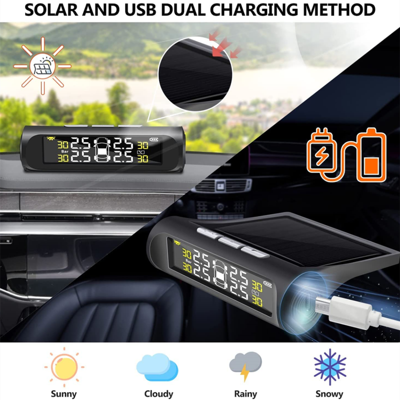 Solar powered tire pressure monitoring system waterproof wireless TPMS with 4 sensors