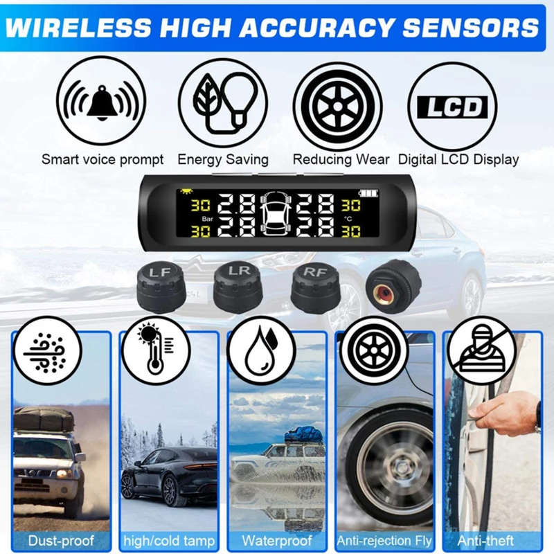 Solar powered tire pressure monitoring system waterproof wireless TPMS with 4 sensors