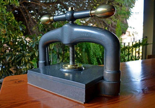 Vintage cast iron and brass book press (Victorian) circa 1880
